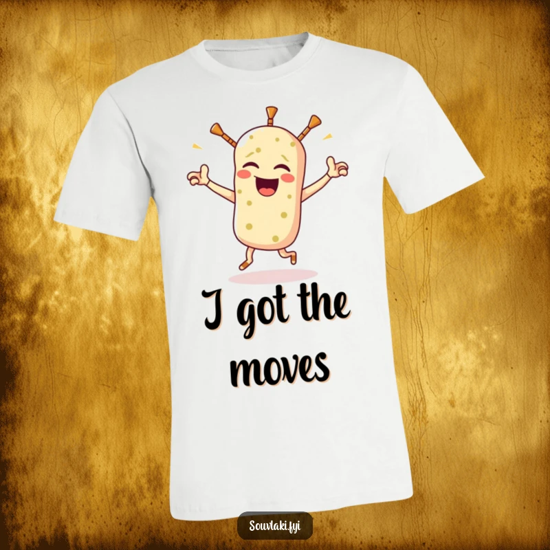 Funny souvlaki t-shirt showcasing a winking Greek food character gleefully performing a triumphant little jig, radiating pure joy and humor.