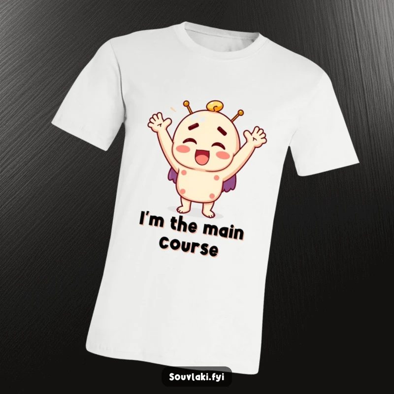 Funny souvlaki t-shirt featuring a joyful character exclaiming with raised arms, perfect for food enthusiasts.