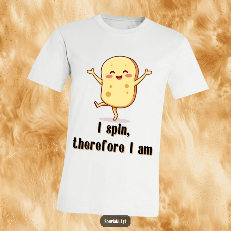 Funny t-shirt showcasing a smiling pita bread character attempting a graceful yet wobbly pirouette with hilarious effort.