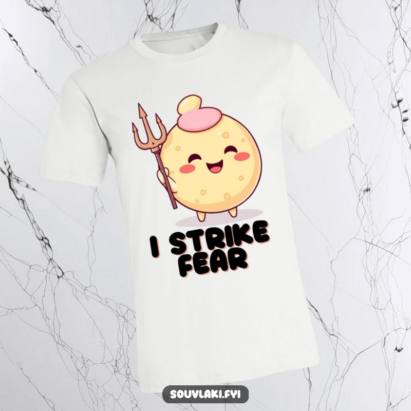 Funny T-Shirt showcasing a smug, round, fried pastry character wielding a trident triumphantly.