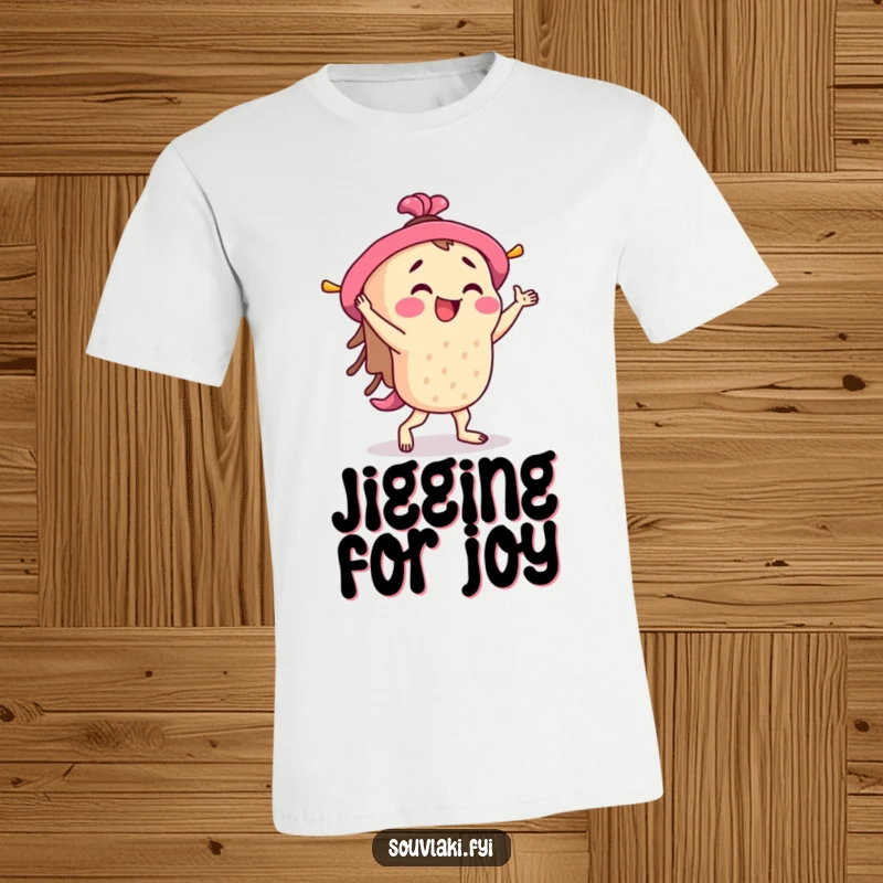Funny Souvlaki T-Shirt: An energetic souvlaki skewer character performs a joyful little jig, perfect for spreading humor.