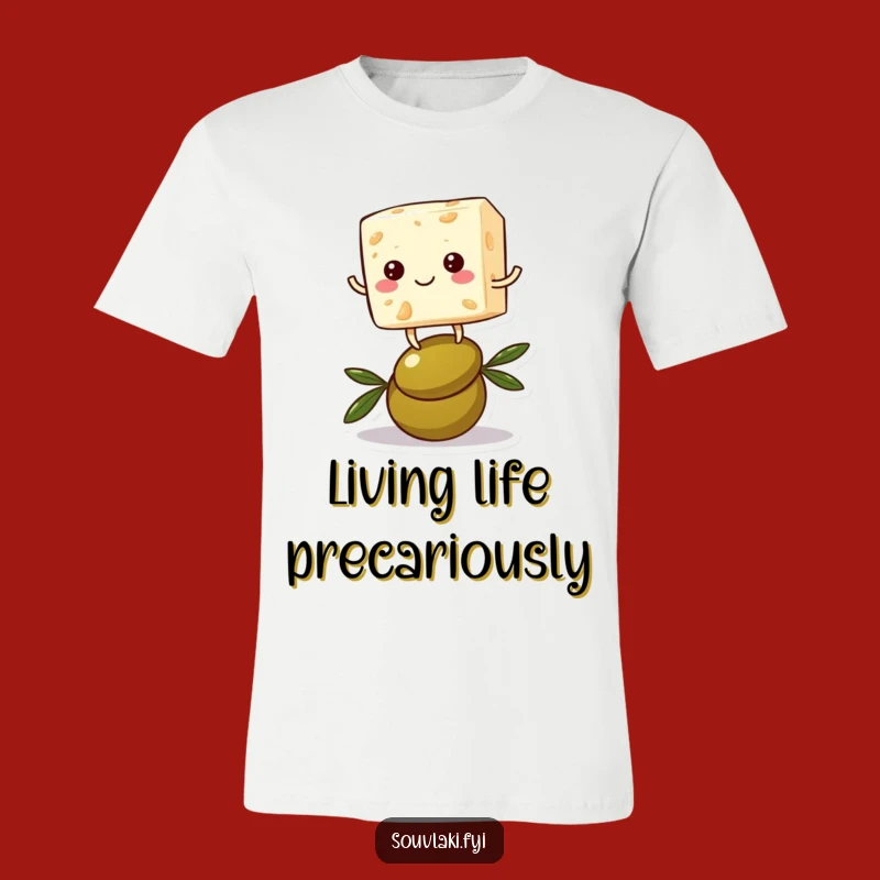 Funny Feta Cheese T-Shirt: Balancing Character on Olive, Hilarious Gift!