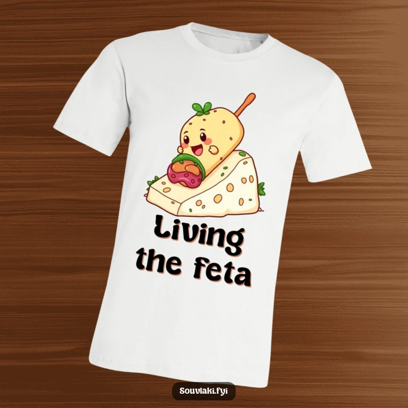 Funny Souvlaki T-Shirt of a giddy souvlaki sliding down a hill of feta cheese, promoting pure, cheesy fun.