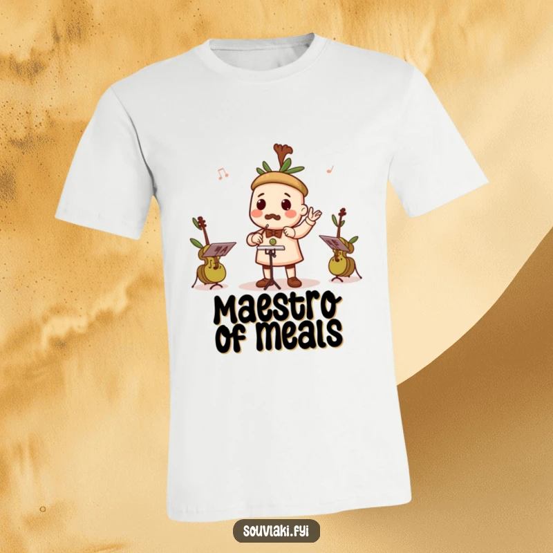 Funny t-shirt featuring a souvlaki character as a conductor for a band of tiny olives playing instruments.