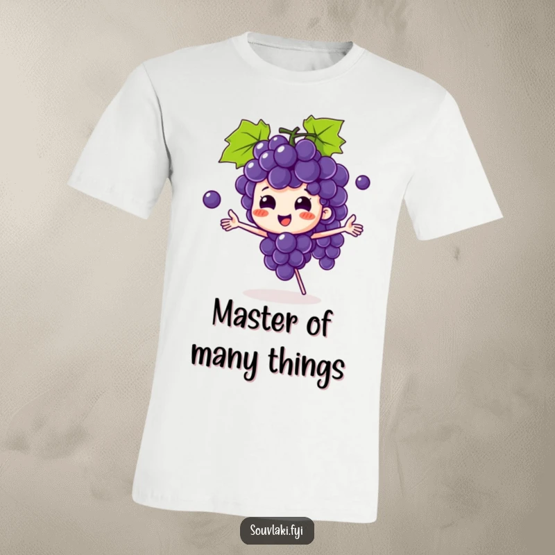Funny grape bunch t-shirt with a playful character juggling grapes, radiating skill and lighthearted amusement.