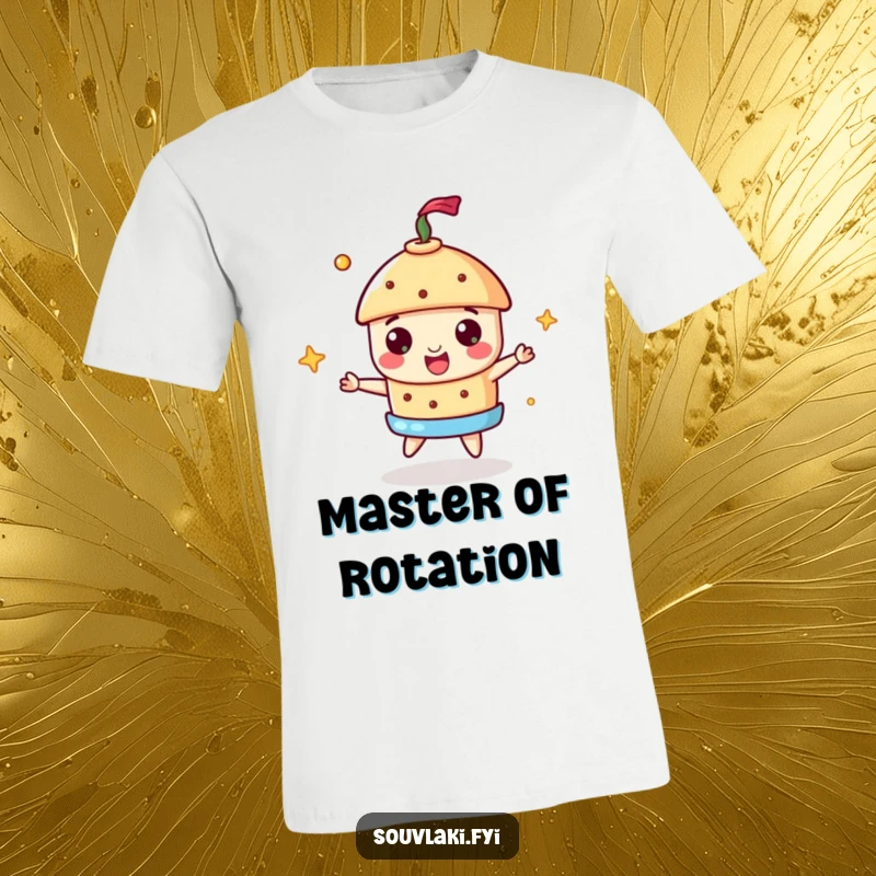 Funny Souvlaki T-Shirt of a cheerful souvlaki spinning a miniature gyros, perfect for food lovers and humor.