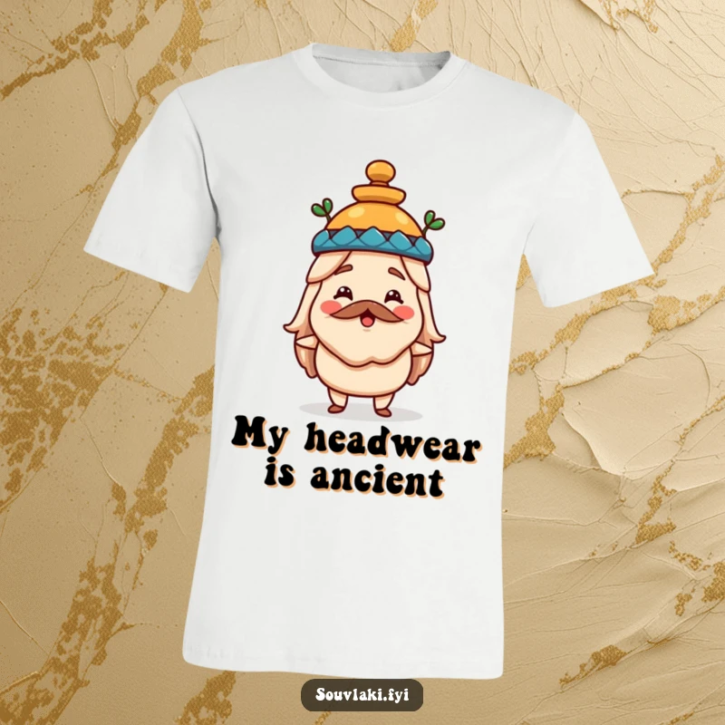 Funny souvlaki t-shirt with a happy Greek food character adorably wearing a miniature amphora as a hat, celebrating history and humor.