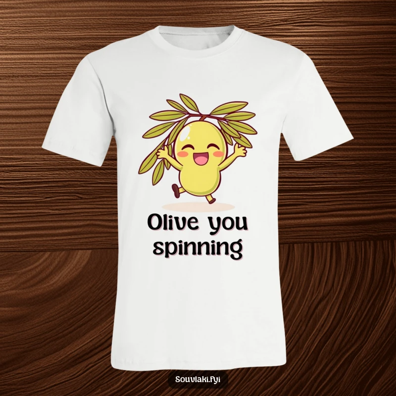 Funny delighted olive character in a joyful spin, a playful and fun t-shirt.
