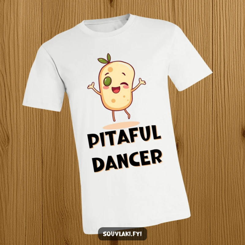 Funny cheerful pita bread character with an olive for an eye, doing a happy dance, on a t-shirt.