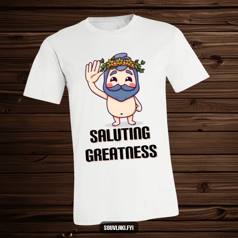 Funny Souvlaki T-Shirt of a proud souvlaki saluting with a tiny laurel wreath, a humorous symbol of achievement.