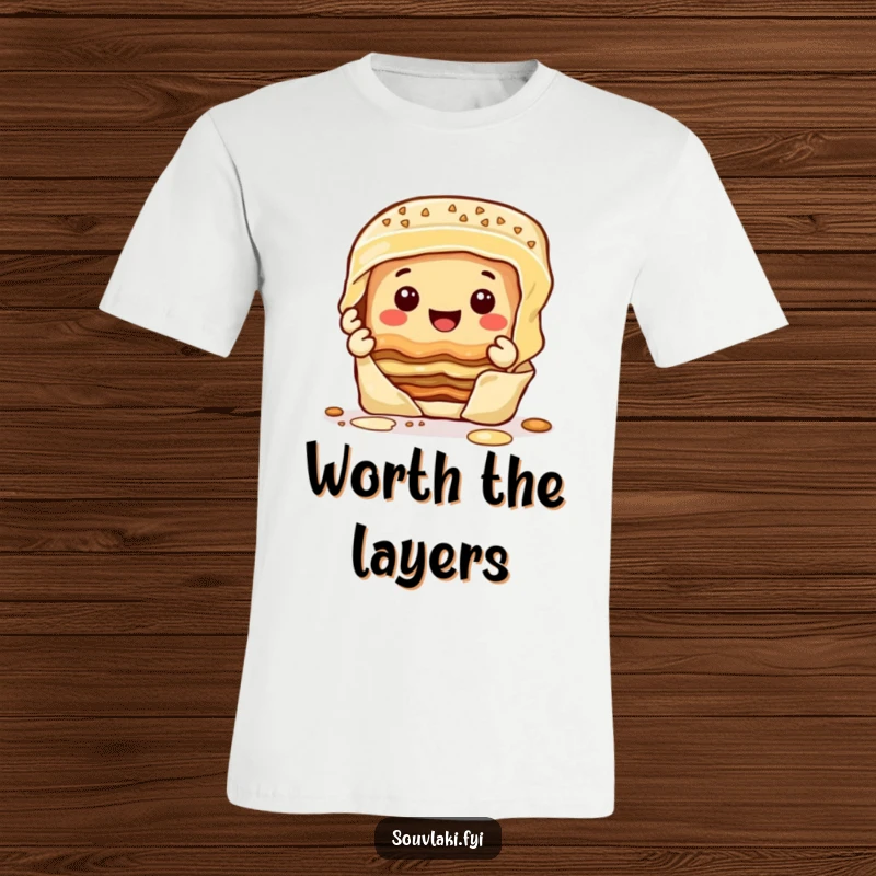 Funny happy baklava character smiling and peeling off its layers, printed on a soft t-shirt.