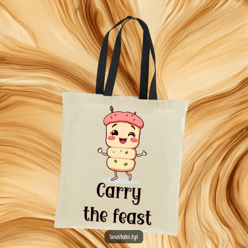 Funny Souvlaki Tote Bag: A smiling souvlaki skewer character struts with pride, making this tote a humorous and stylish accessory.