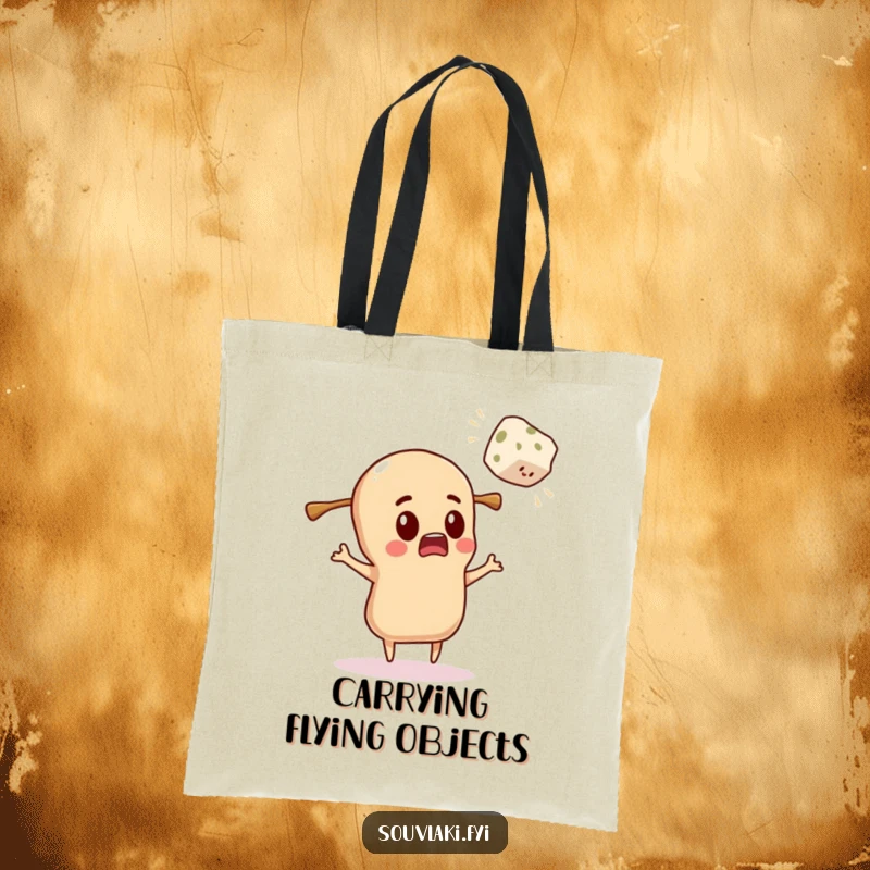 Funny Tote Bag: Souvlaki character comically surprised by an incoming flying feta cube.
