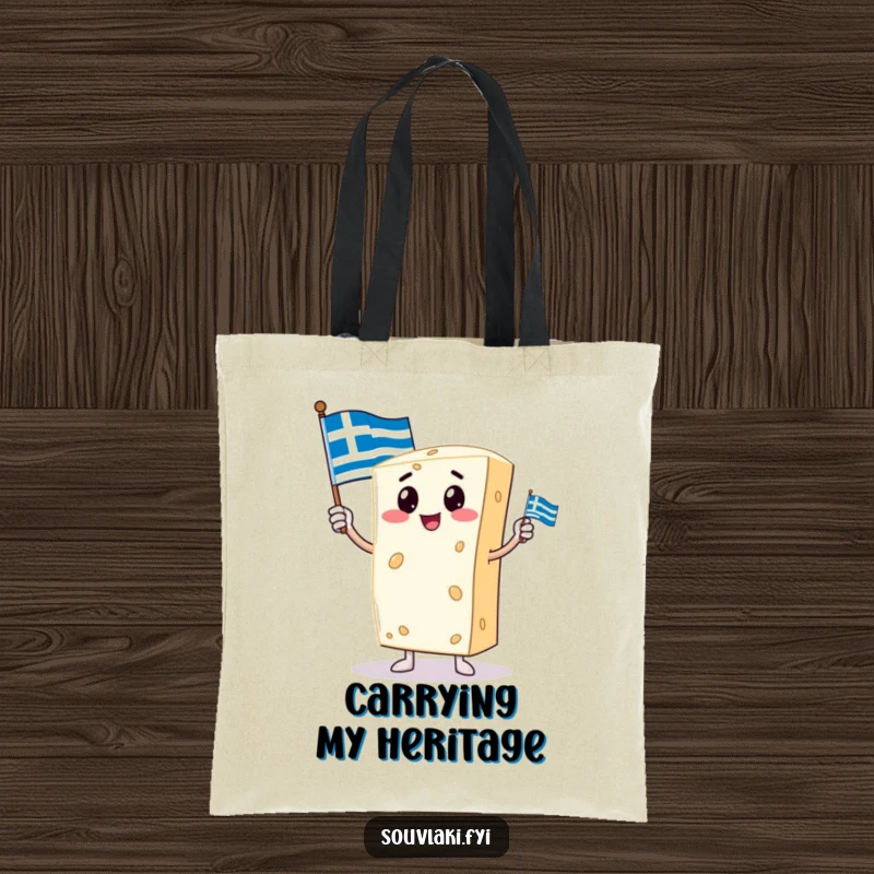 Funny tote bag with a proud feta cheese character holding a small Greek flag, perfect for carrying items with cultural flair.