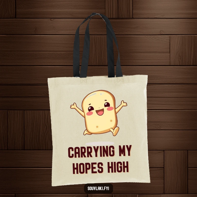 Funny pita bread tote bag with a smiling character in a joyful leap, symbolizing optimism and lightheartedness.