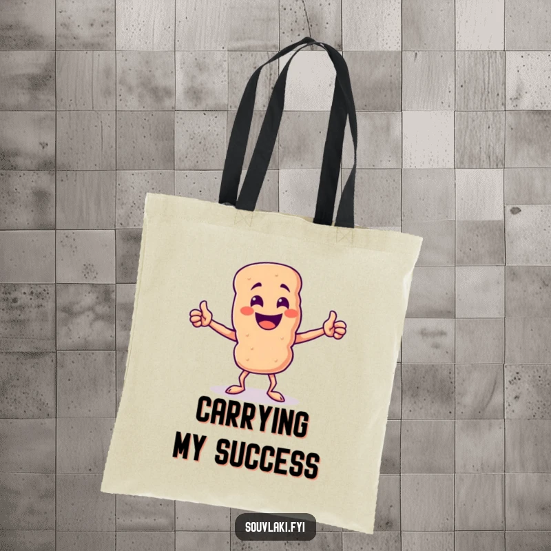Funny Souvlaki Skewer Triumph Tote Bag: A proud souvlaki skewer character doing a triumphant pose, ready for errands.