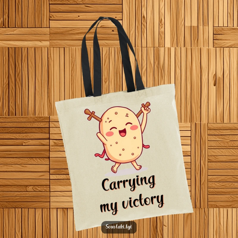 Funny souvlaki tote bag, featuring a winking Greek skewer doing a celebratory jig, perfect for grocery shopping.
