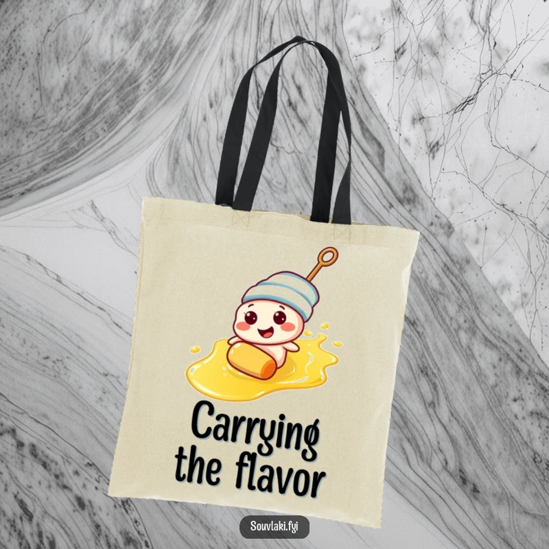 Funny souvlaki skewer character hilariously sliding on olive oil on a tote bag, ideal for shoppers.