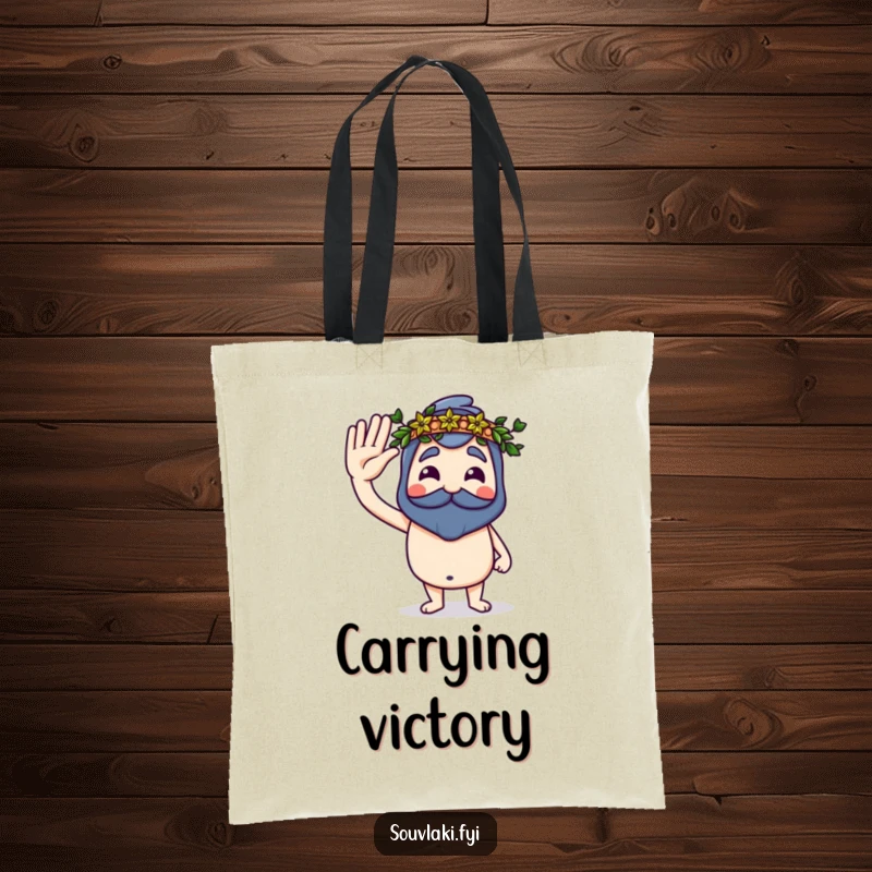 Funny Souvlaki Tote Bag with a proud souvlaki saluting with a tiny laurel wreath, a humorous accessory for carrying items.