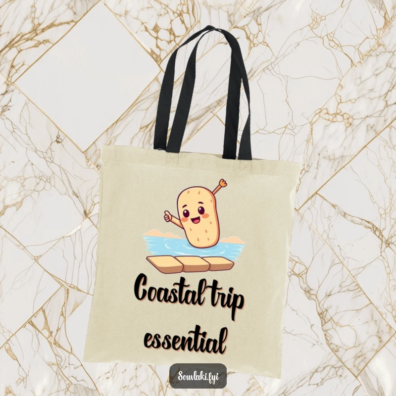 Funny tote bag with a souvlaki character dramatically pointing towards the sea, perfect for beach essentials and travel.