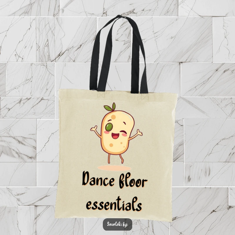 Funny cheerful pita bread character with an olive eye, doing a dance, illustrated on a tote bag.
