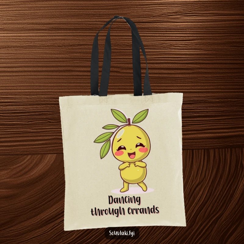 Funny olive tote bag with a giggling character performing a silly dance, symbolizing carefree joy and playful movement.