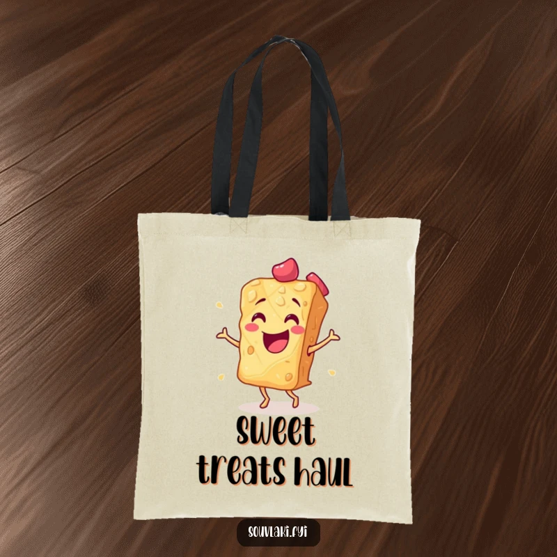Funny baklava slice executing a flamenco dance move on a tote bag. A stylish and humorous accessory, perfect as a funny gift.