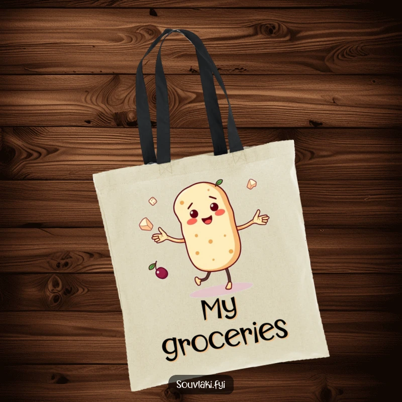 Funny tote bag featuring a dancing pita bread character with tiny arms, juggling miniature olives and feta cheese, perfect for carrying items.