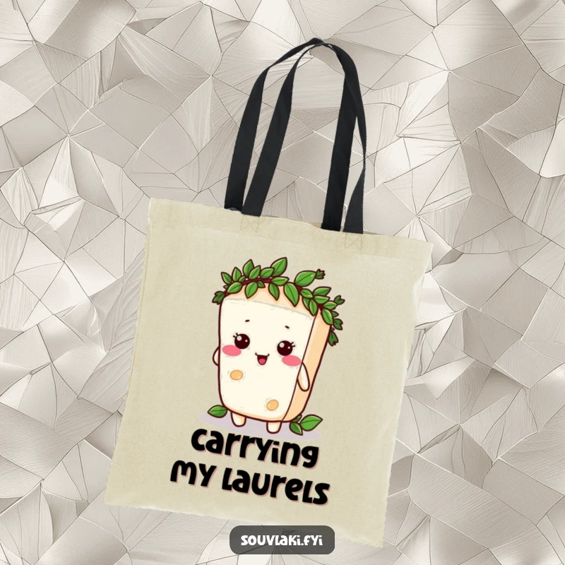 Funny silly feta cheese character comically attempting to wear a tiny laurel wreath, illustrated on a tote bag.