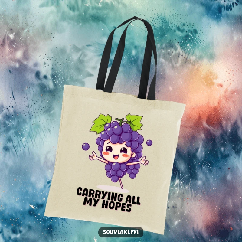Funny grape bunch tote bag with a playful character juggling grapes, symbolizing skill, fun, and a lighthearted approach.
