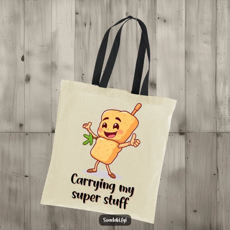 Funny souvlaki skewer tote bag with a happy character striking a heroic pose, a strong and humorous funny gift.