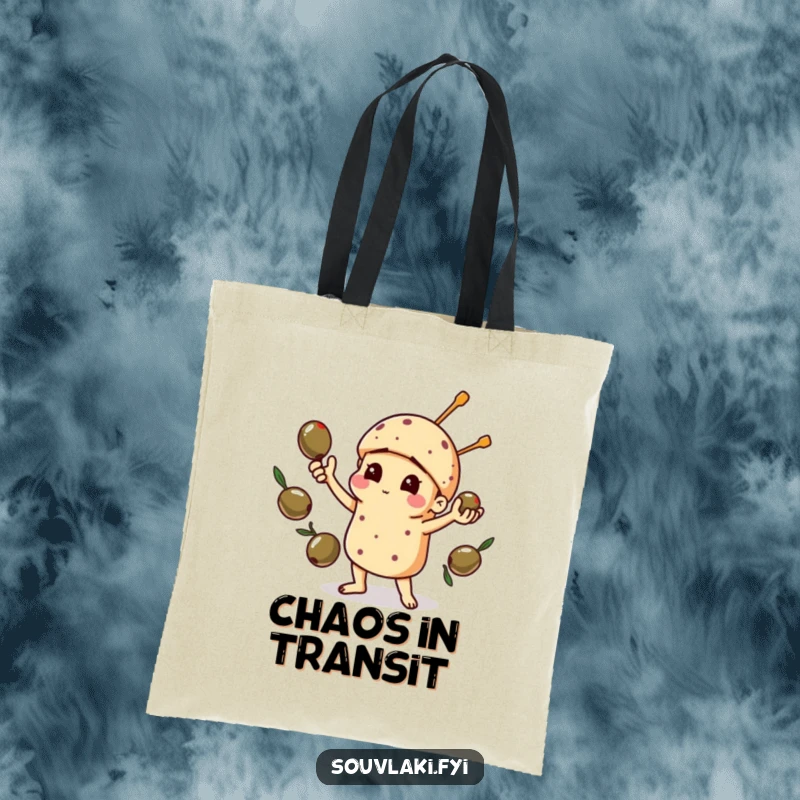 Funny tote bag with a souvlaki comically juggling olives, perfect for carrying essentials with a humorous food-themed twist.