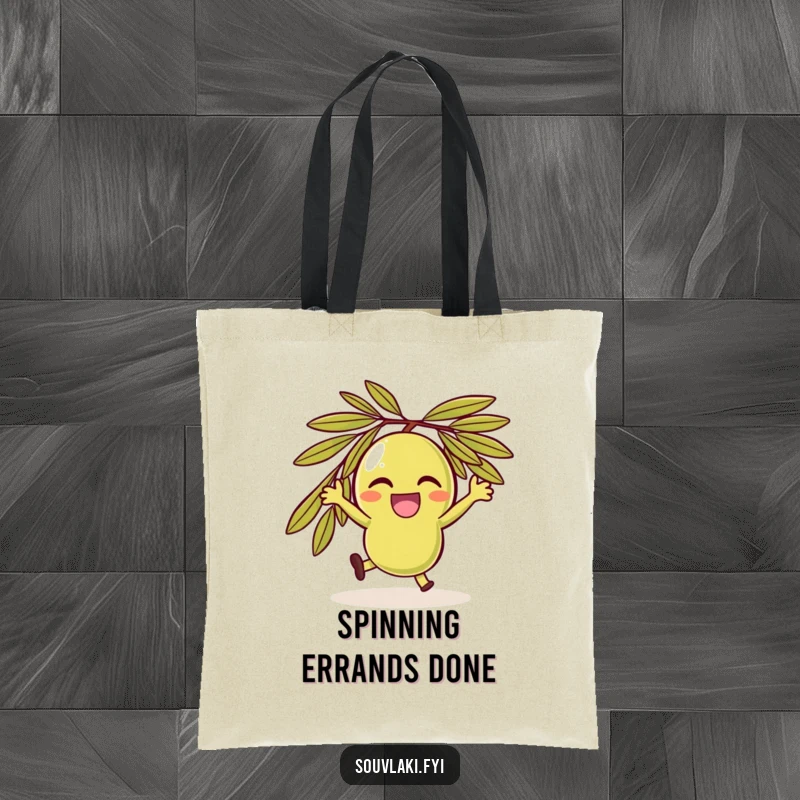 Funny delighted olive character doing a joyful spin, a charming tote bag.