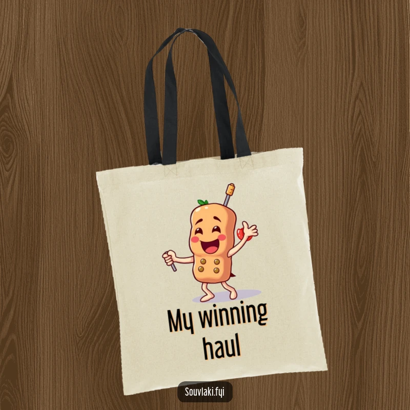Funny Souvlaki Tote Bag: A triumphant skewer character dances joyfully, ready to carry your favorite ingredients with culinary pride.