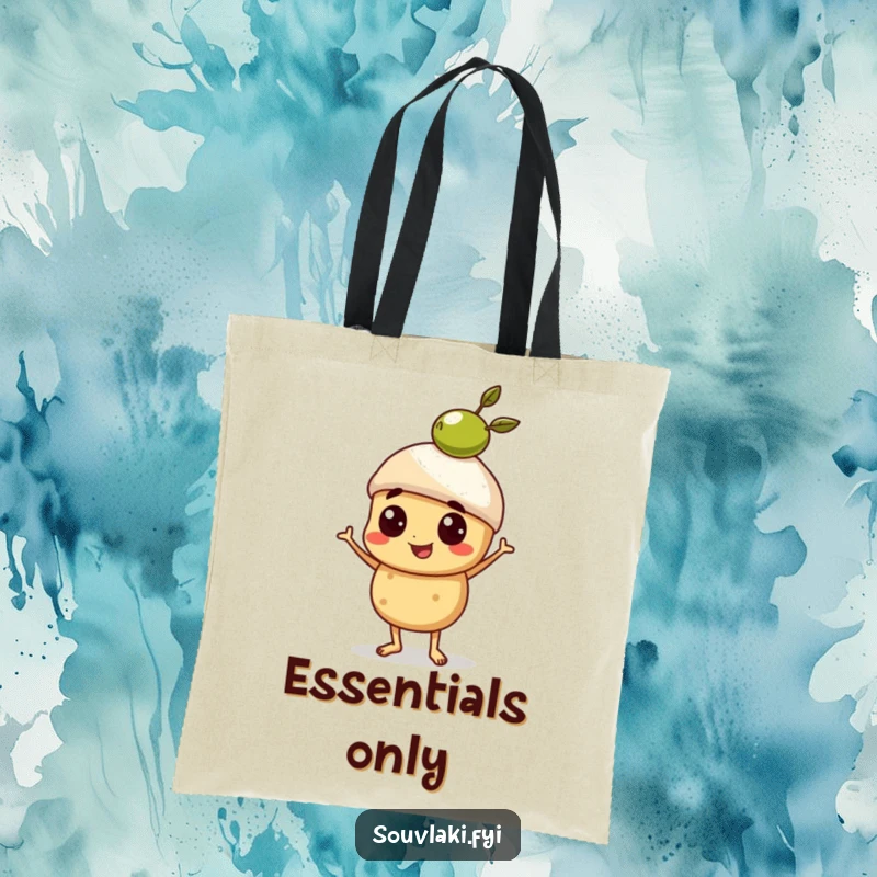 Funny Tote Bag of a proud souvlaki character balancing a small olive with impressive skill and a smile.