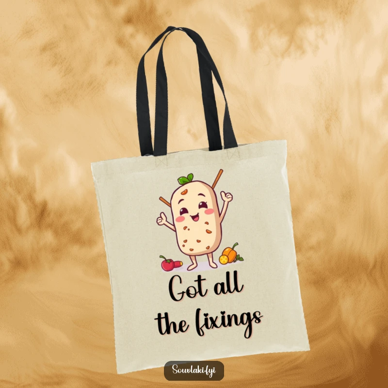 Funny Tote Bag: Souvlaki character doing a funny, proud pose with its ingredients, perfect for carrying items with flair.