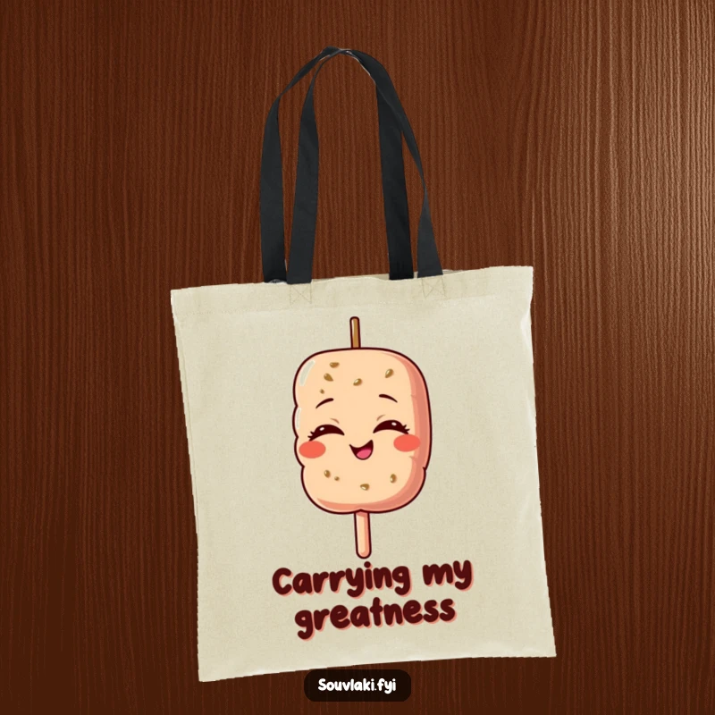 Funny tote bag showcasing a souvlaki skewer character with eyes closed, beaming with utter pride.