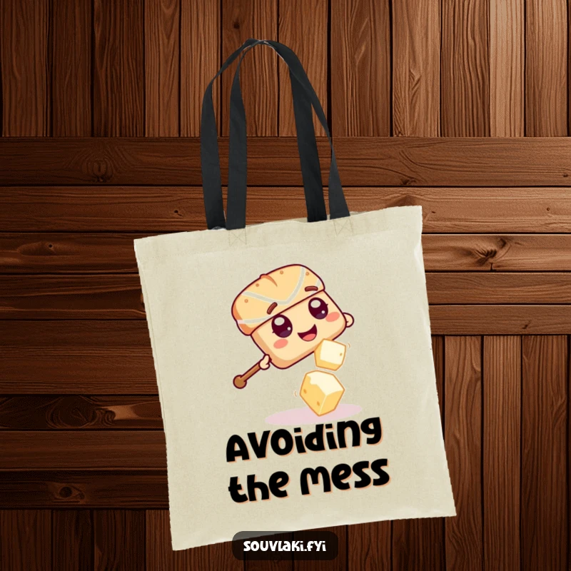 Funny Souvlaki Skewer Feta Chase Tote Bag: A giggling souvlaki skewer dodges a falling feta cheese cube.