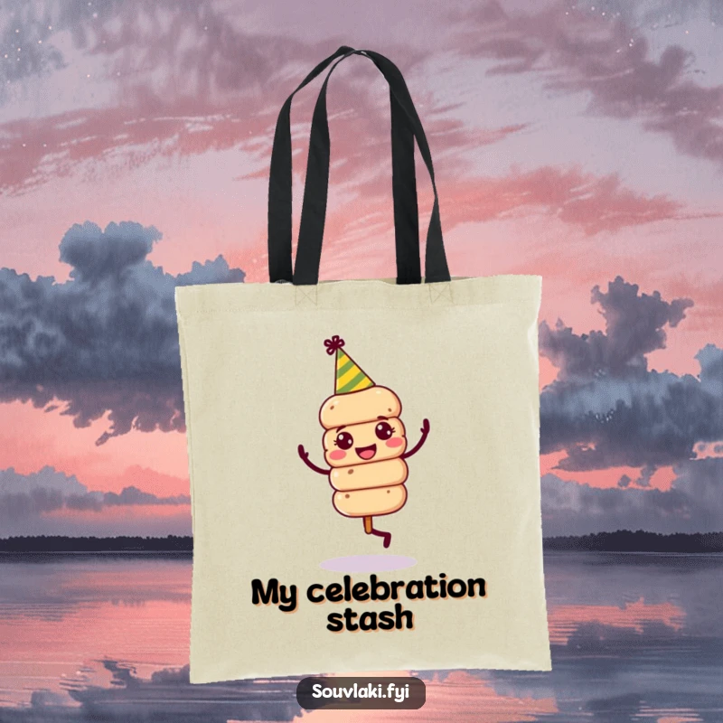 Funny Souvlaki Skewer Party Tote Bag: A jovial souvlaki skewer wearing a party hat is dancing energetically.