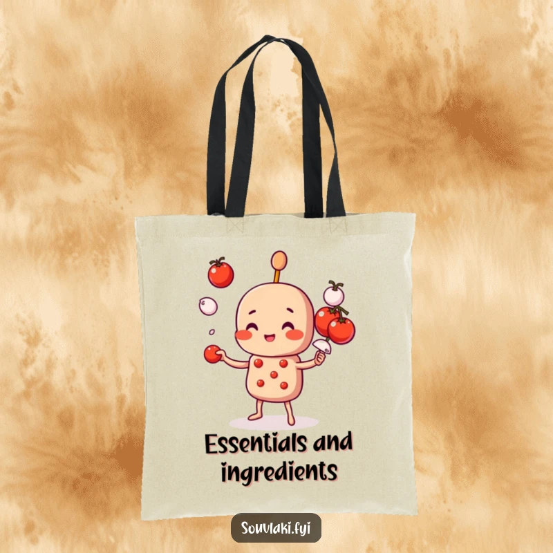 Funny Tote Bag: A souvlaki skewer juggles tiny veggies. Practical and humorous for foodies.