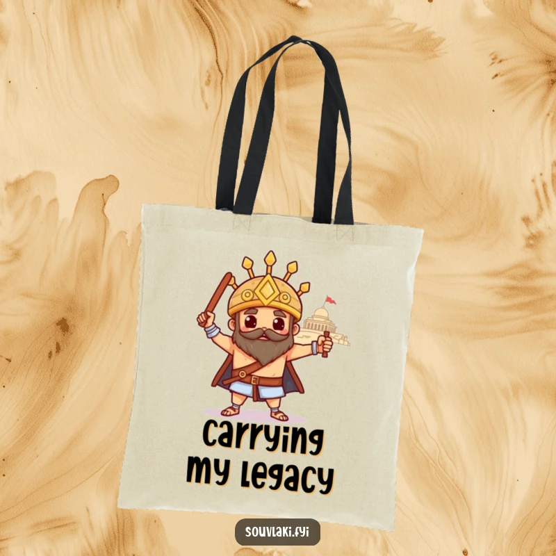 Funny souvlaki tote bag, a proud Greek skewer poses heroically with a distant temple, perfect for carrying essentials.