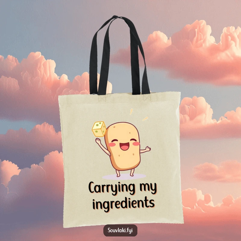 Funny souvlaki character tote bag playfully tossing a feta cube, perfect for carrying essentials with a humorous food theme.