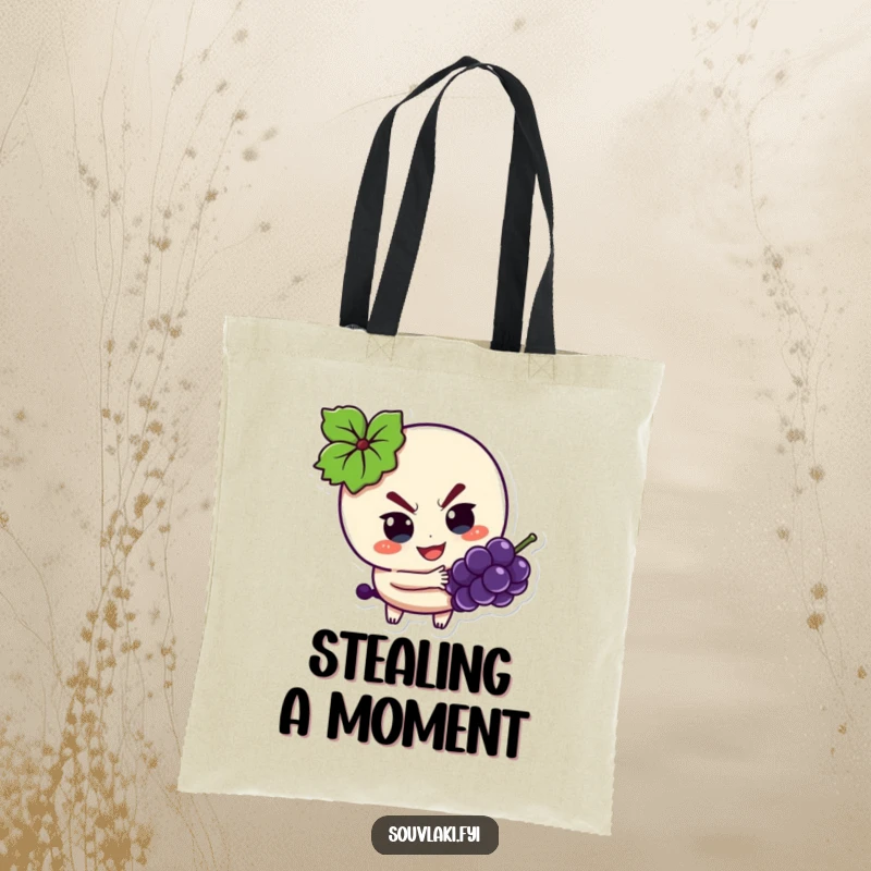 Funny Tote Bag: Souvlaki character with a mischievous look, sneakily trying to steal a grape.