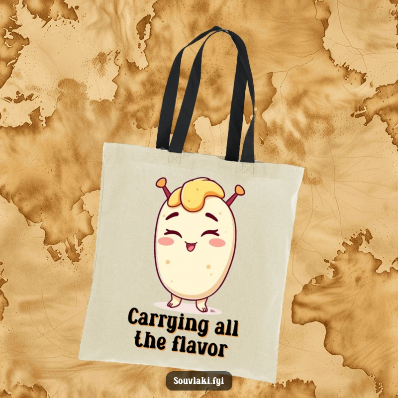 Funny tote bag with a souvlaki winking confidently, perfect for carrying groceries with a humorous Greek twist.