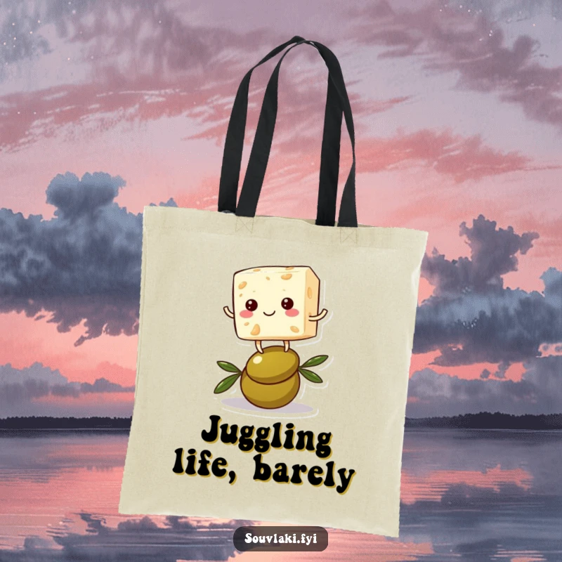 Funny feta cheese tote bag with a cheerful cube character attempting to balance on an olive, showcasing a humorous, precarious situation.