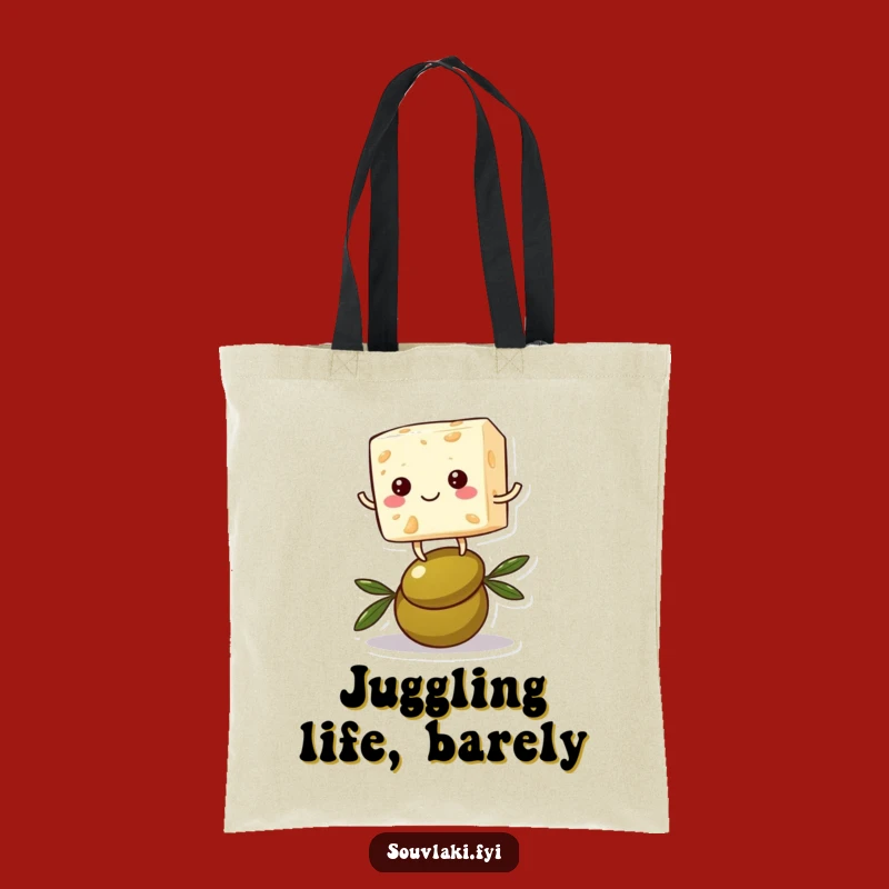 Funny Feta Cheese Tote: Balancing Character on Olive, Carry Your Laughs!