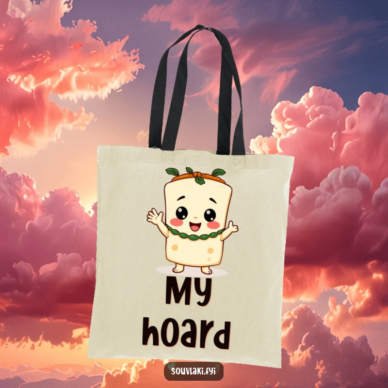 Funny Tote Bag with a happy feta cheese character dressed in a toga, giving an enthusiastic cheer.