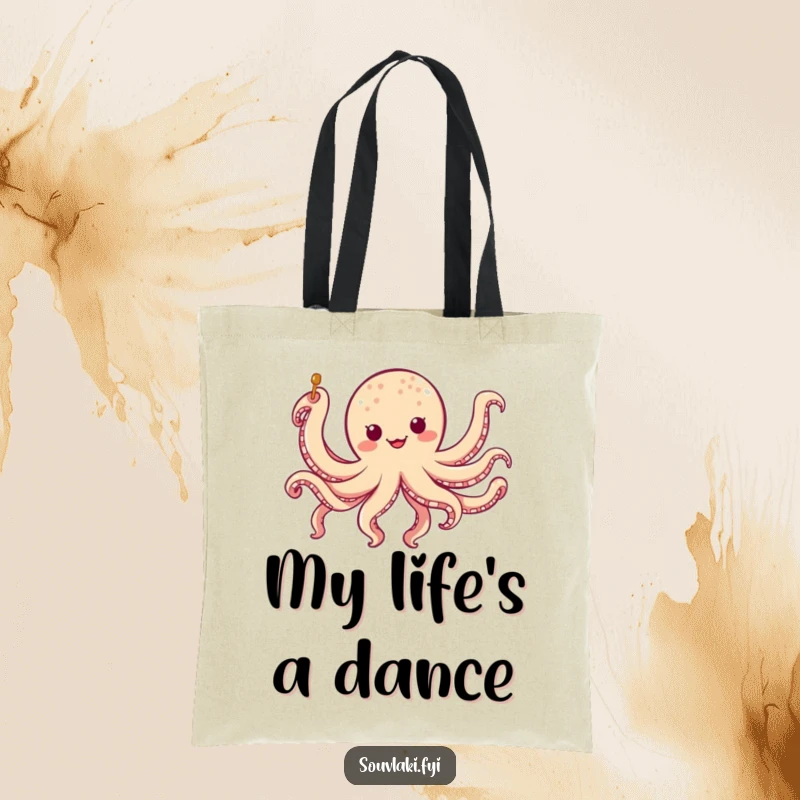 Funny chubby octopus skewer tote bag with a character doing a silly eight-legged jig, a functional and humorous funny gift.