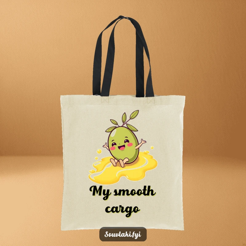 Funny Olive Tote Bag: A cheerful olive character enjoys a smooth ride down an olive oil stream, ready to carry your belongings.